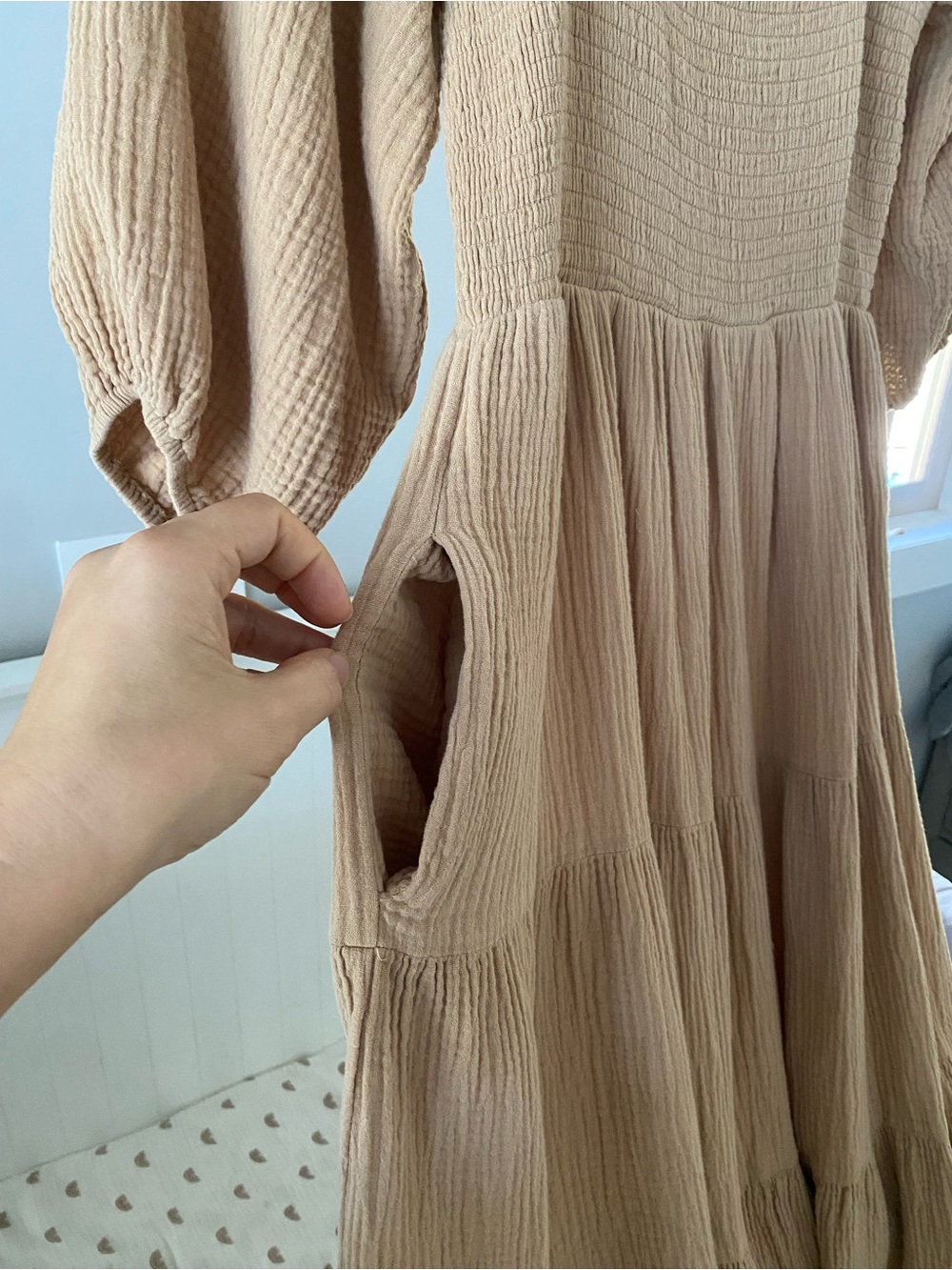 Neuflora - 100% Cotton Gauze Smocked Midi Dress with Square Neck in Tan - Picture 4 of 6